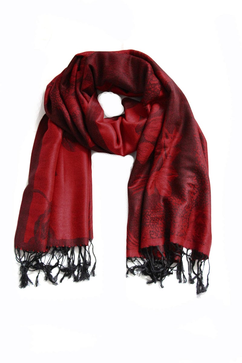 Sakkas Two Tone Floral Rose Reversible Pashmina Scarf Shawl Wrap Stole for Women - Red/Black - Image 1